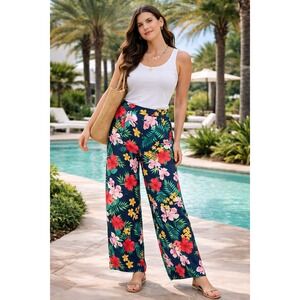 Soft Surroundings Tropical Floral Wide Leg Pants Navy Blue Viscose‎ Small